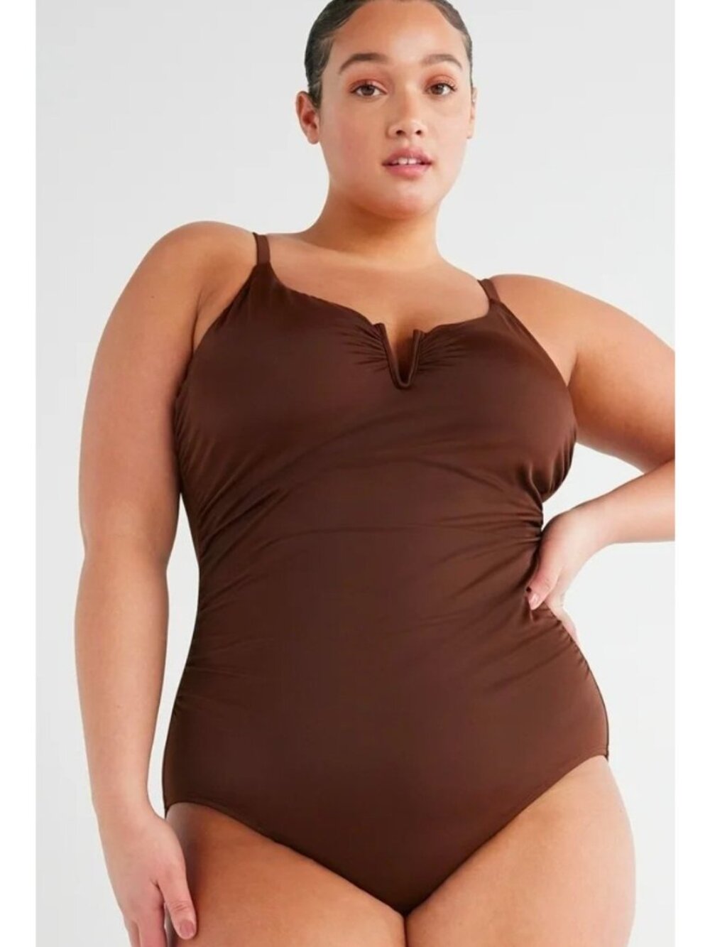 New Time & True Size 2X Brown V Wire One Piece Swimsuit Adjustable Strap Lined